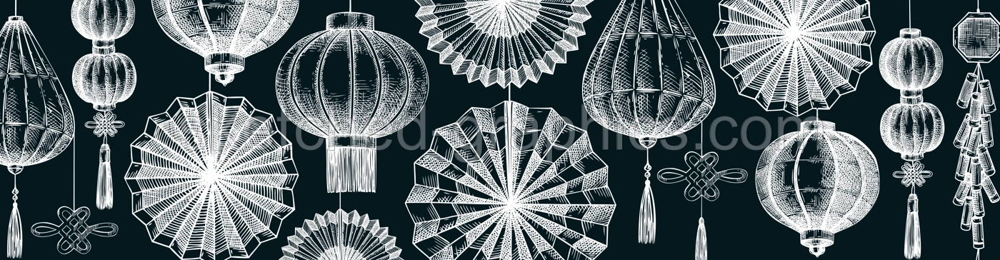Chinese lantern and folding fan sketch. Lunar New Year decoration on chalkboard. China style website banner vector template. NOT AI generated image Illustration
